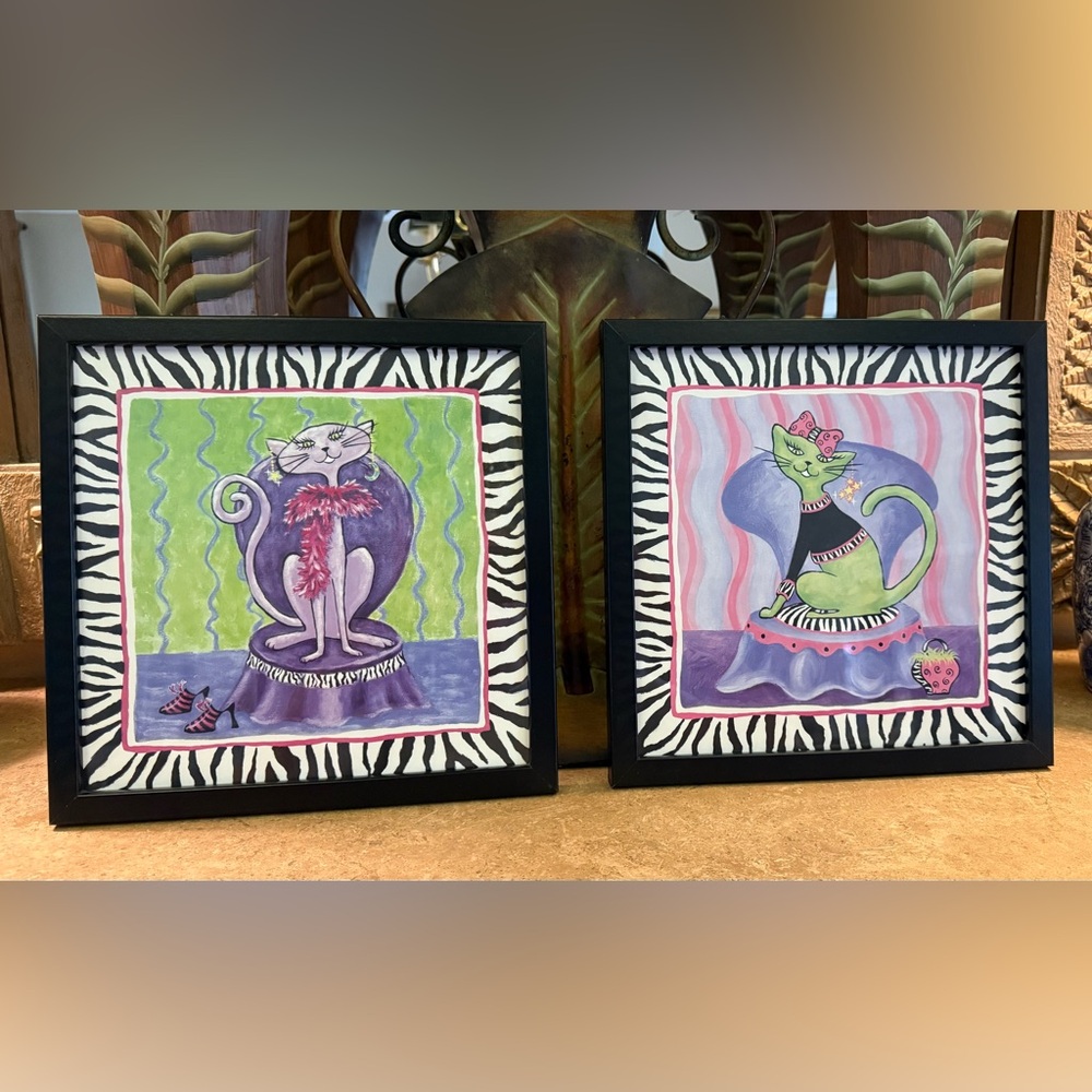 Vintage The Bombay Company Sassy Cat I & II Framed Prints - Set of 2